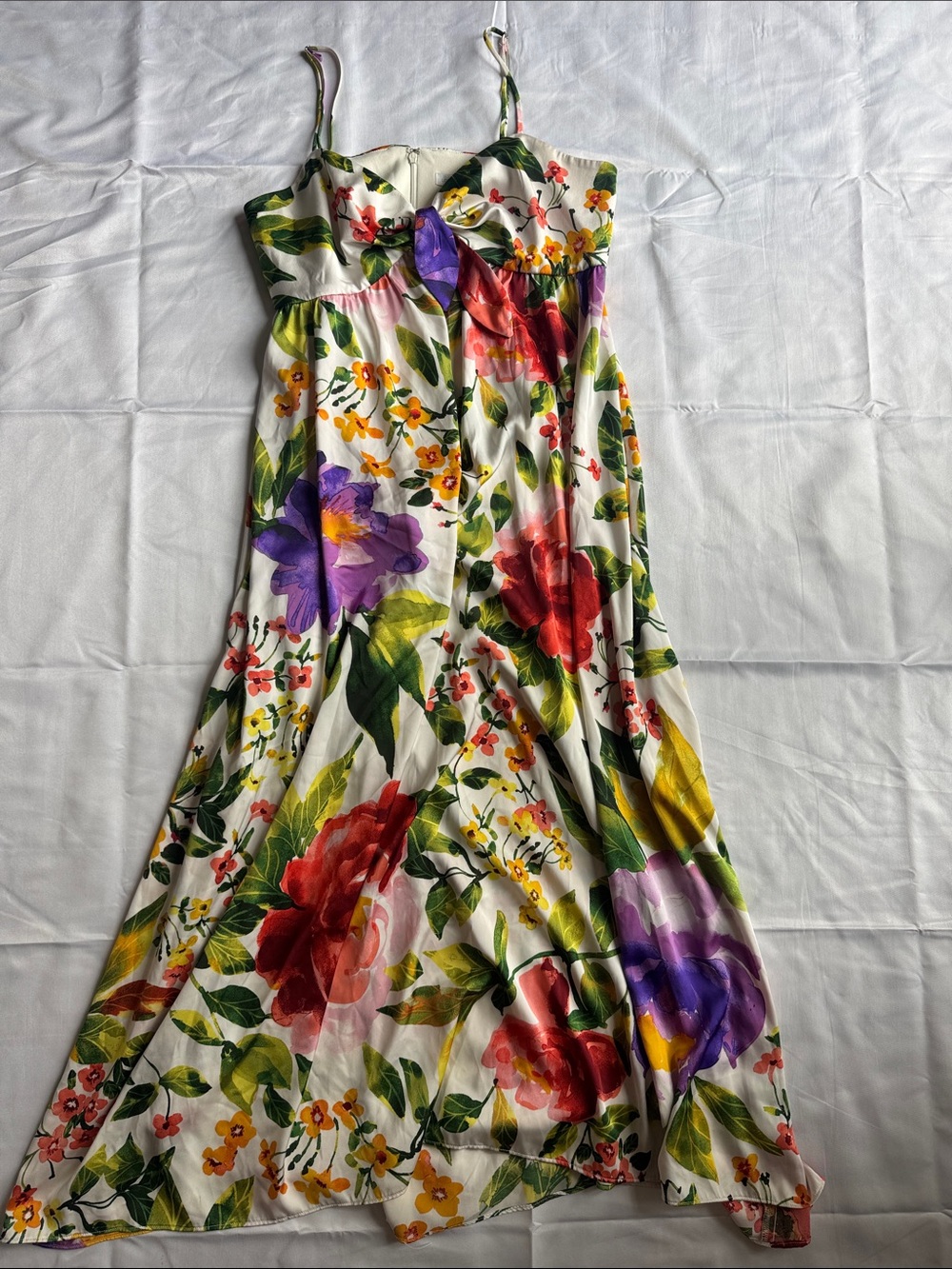 London Times White Maxi Dress with Red, Purple, Yellow & Green Floral Print